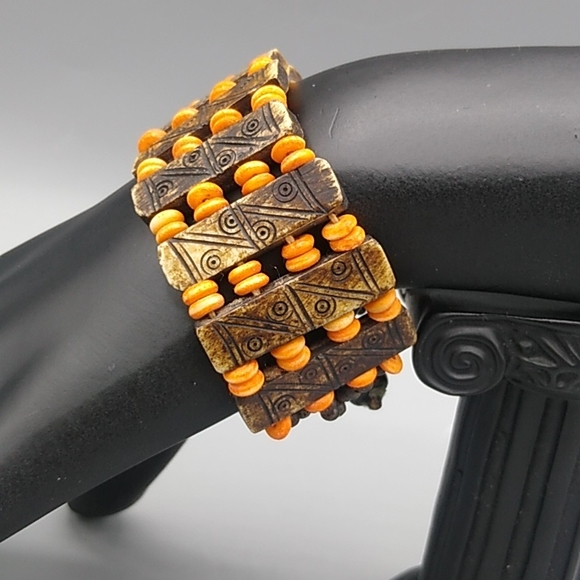 Handmade Engraved Wood & Bead Wide Cuff Bracelet with Black Cord Button Closure - Picture 10 of 12